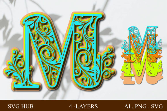 Layered Floral Letter M 3D SVG Shapes